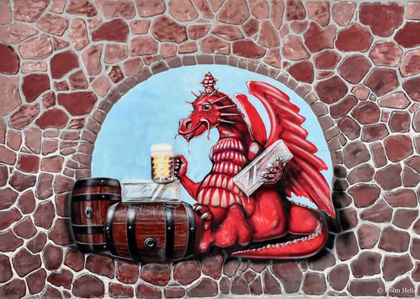 Illustration des roten Eiswurms mit Bierkrug und Bierfässern