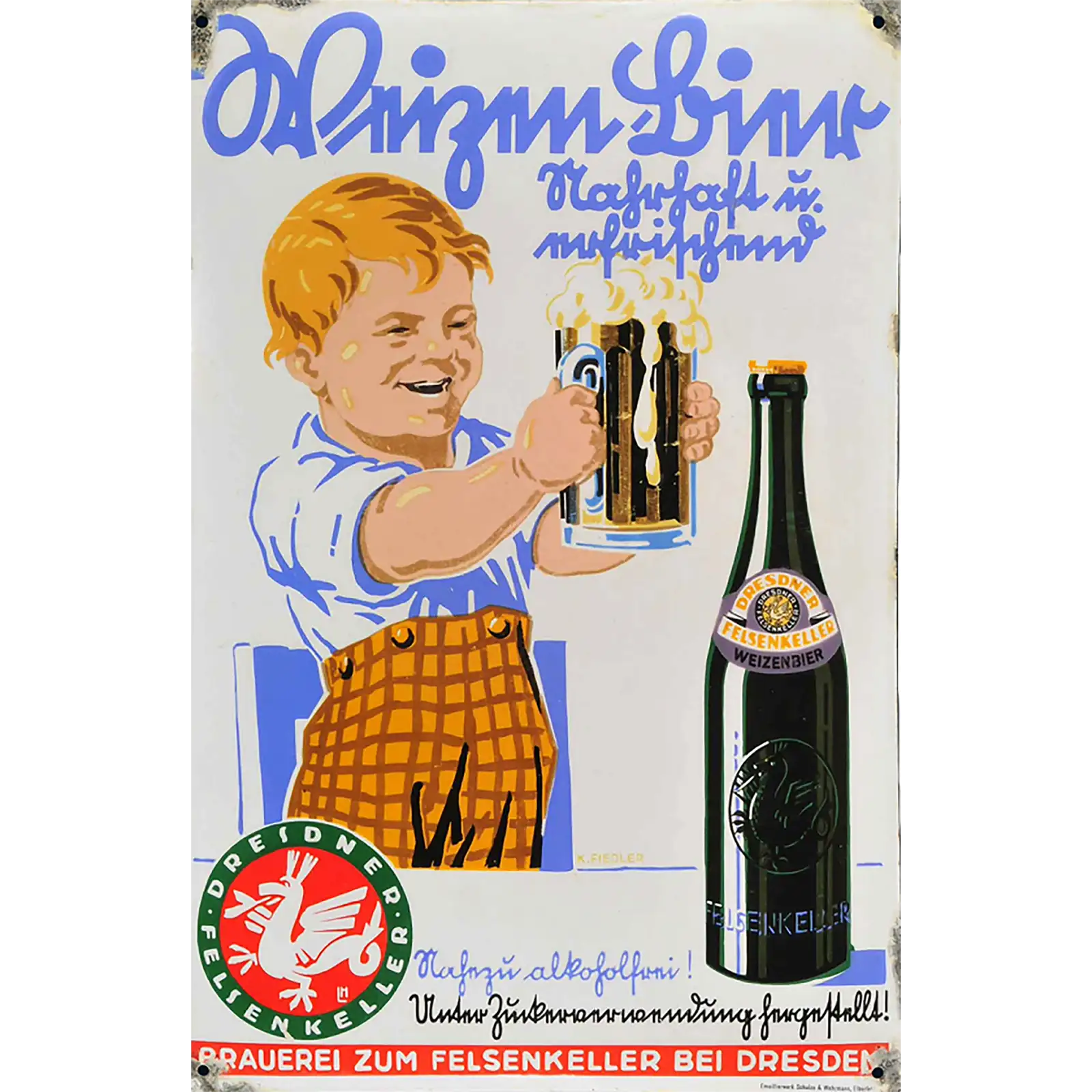 Historisches Reklameschild der Felsenkeller Brauerei aus den 1920er-Jahren