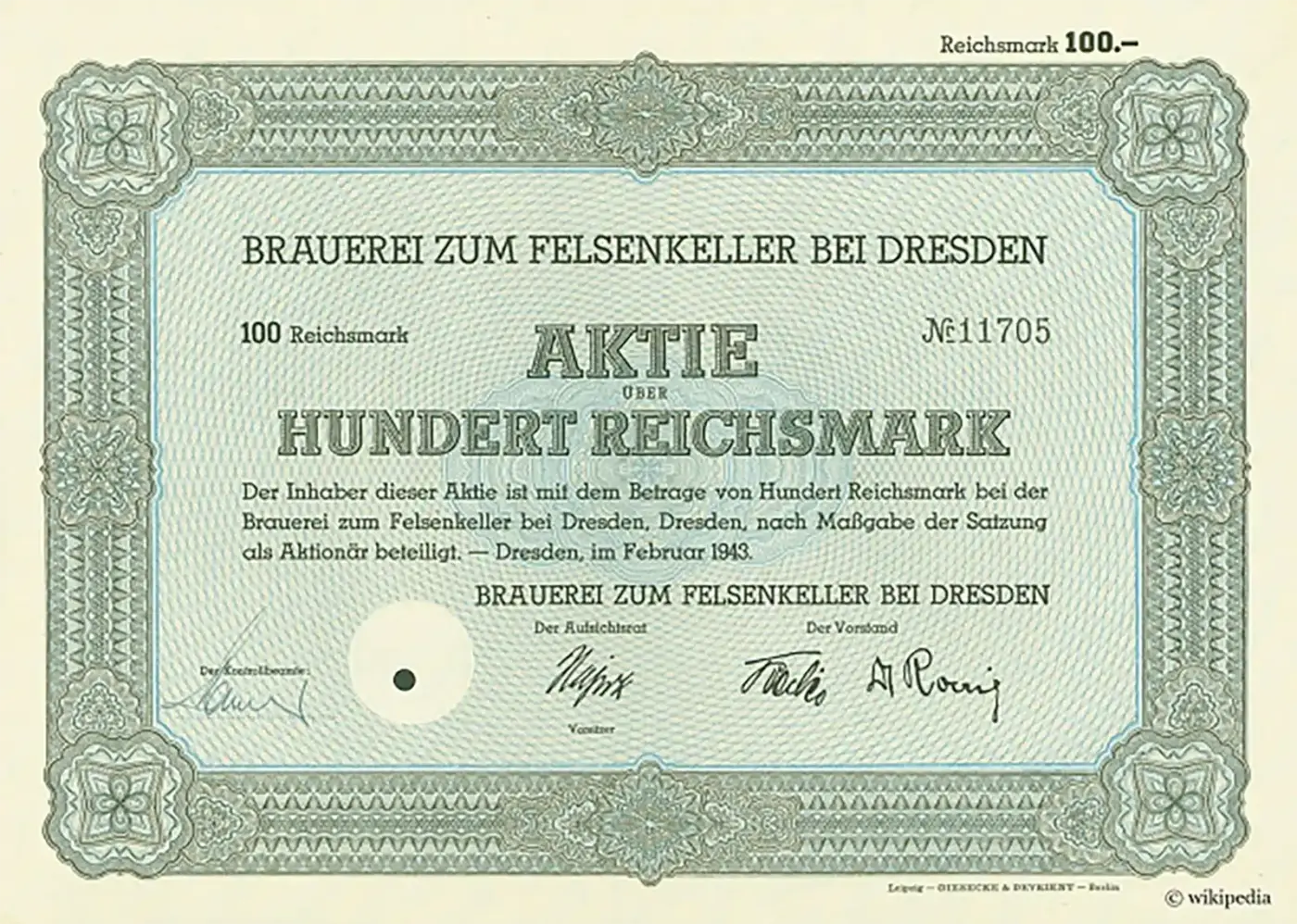 Dresdner Felsenkeller Aktie von 1943
